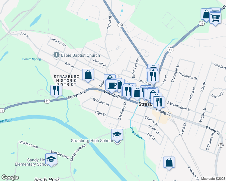 map of restaurants, bars, coffee shops, grocery stores, and more near 155 West King Street in Strasburg