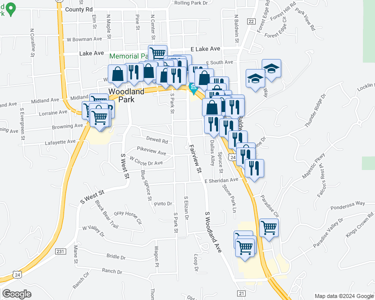 map of restaurants, bars, coffee shops, grocery stores, and more near 112 East Foster Avenue in Woodland Park