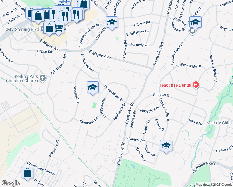 map of restaurants, bars, coffee shops, grocery stores, and more near 119 Forest Ridge Drive in Sterling