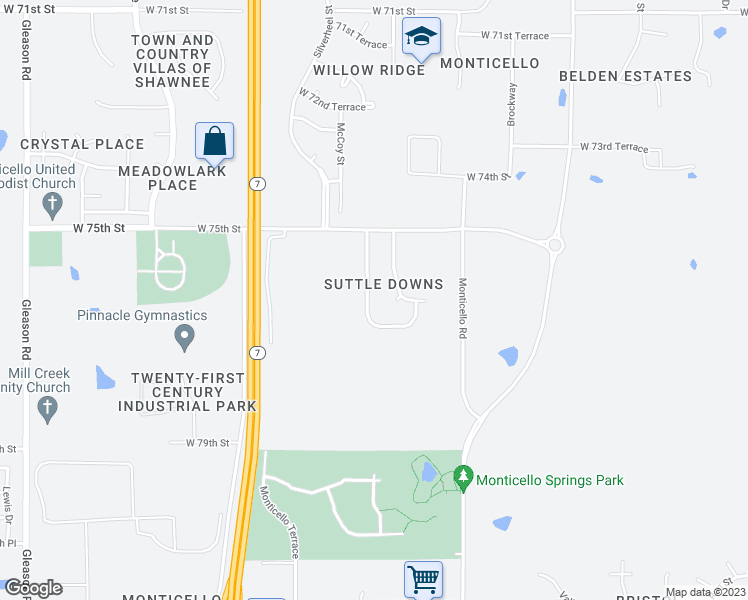 map of restaurants, bars, coffee shops, grocery stores, and more near 7605 Anderson Street in Shawnee