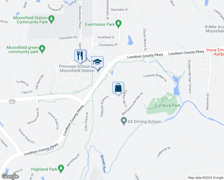 map of restaurants, bars, coffee shops, grocery stores, and more near 22662 Taylorstown Hunt Court in Ashburn