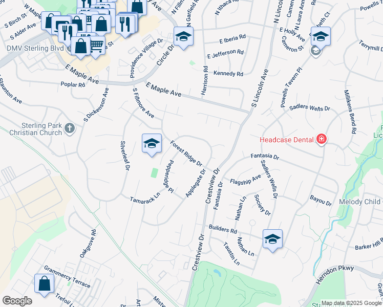 map of restaurants, bars, coffee shops, grocery stores, and more near 119 Forest Ridge Drive in Sterling