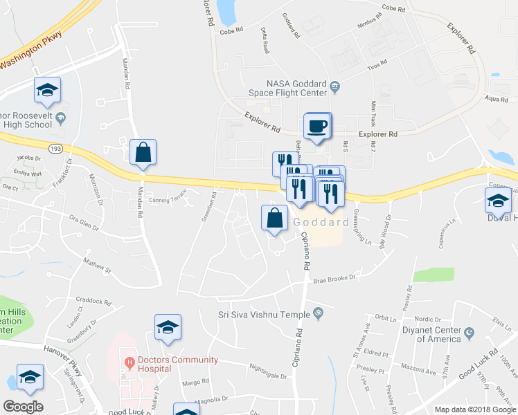 map of restaurants, bars, coffee shops, grocery stores, and more near 8725 Greenbelt Road in Greenbelt