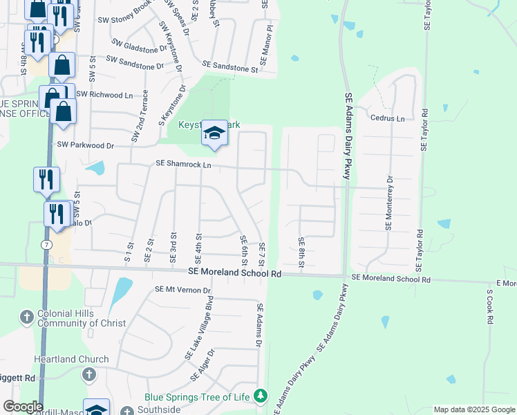 map of restaurants, bars, coffee shops, grocery stores, and more near 708 Southeast Diamond Court in Blue Springs