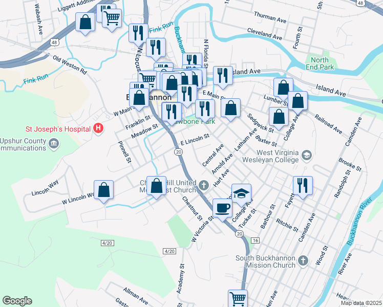 map of restaurants, bars, coffee shops, grocery stores, and more near 2-4 East Lincoln Street in Buckhannon