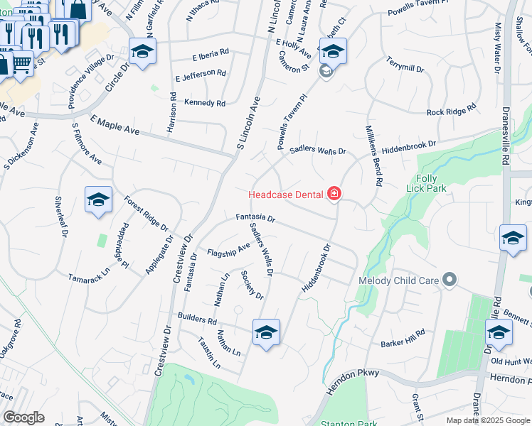 map of restaurants, bars, coffee shops, grocery stores, and more near 12728 Fantasia Drive in Herndon