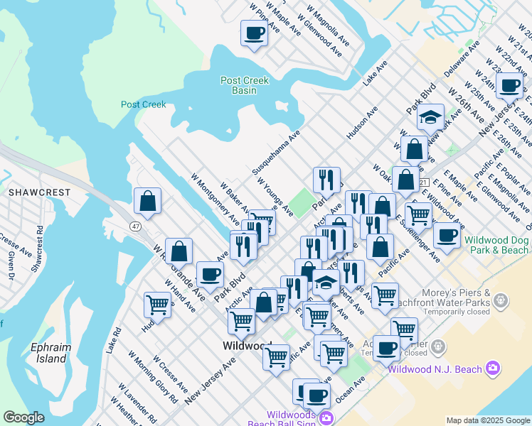 map of restaurants, bars, coffee shops, grocery stores, and more near 404 West Youngs Avenue in Wildwood