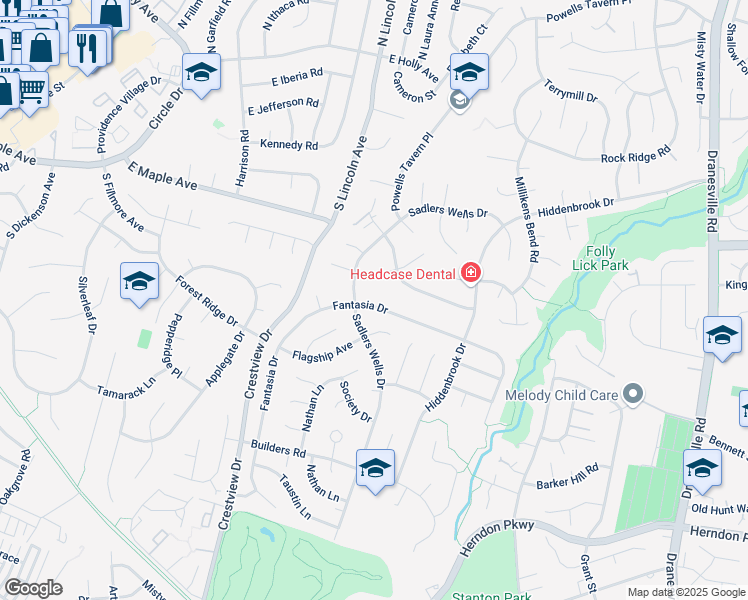 map of restaurants, bars, coffee shops, grocery stores, and more near 12728 Fantasia Drive in Herndon