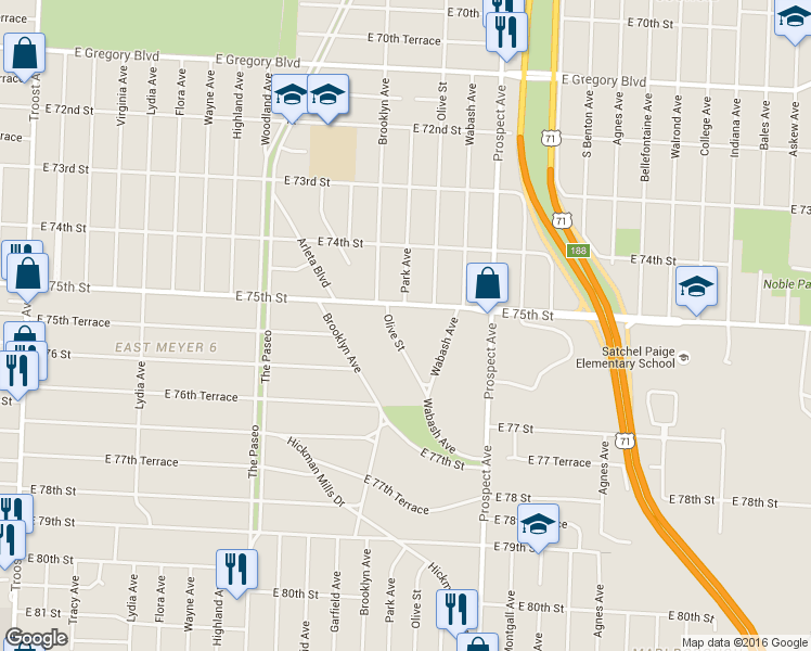 map of restaurants, bars, coffee shops, grocery stores, and more near 2429 East 75th Street in Kansas City