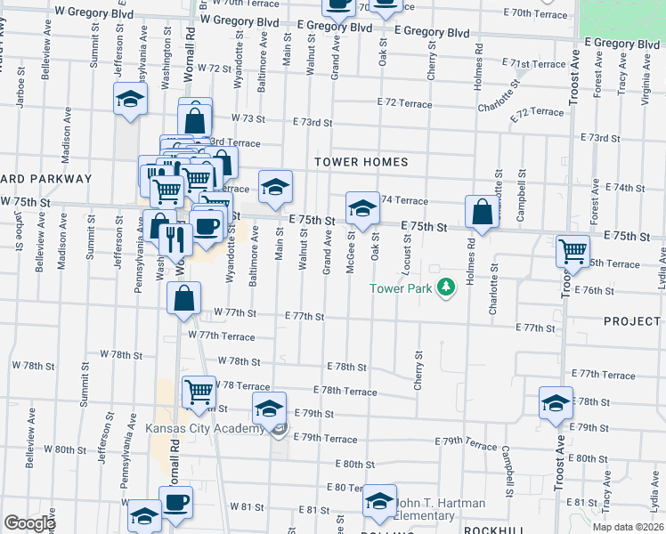 map of restaurants, bars, coffee shops, grocery stores, and more near 7527 Grand Avenue in Kansas City