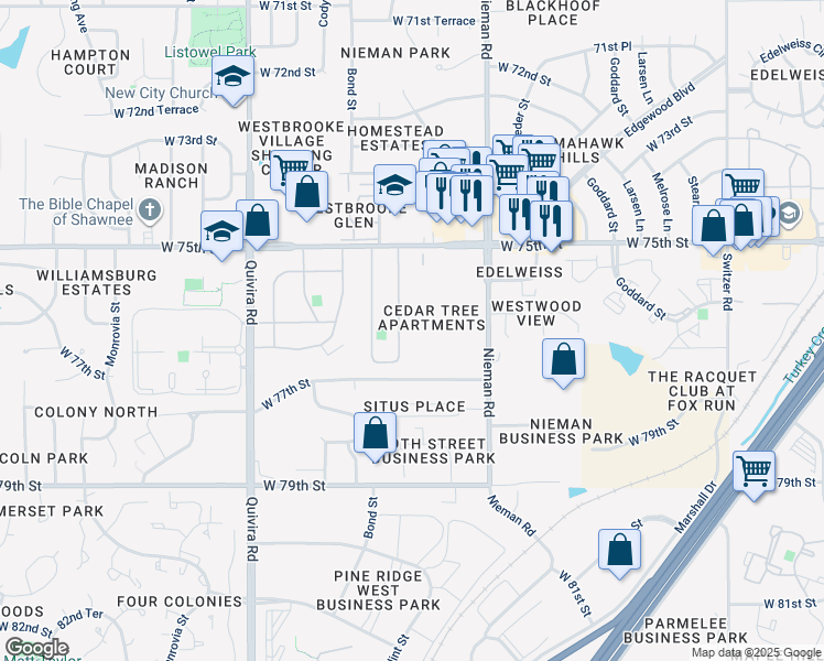 map of restaurants, bars, coffee shops, grocery stores, and more near 7612 King Street in Shawnee