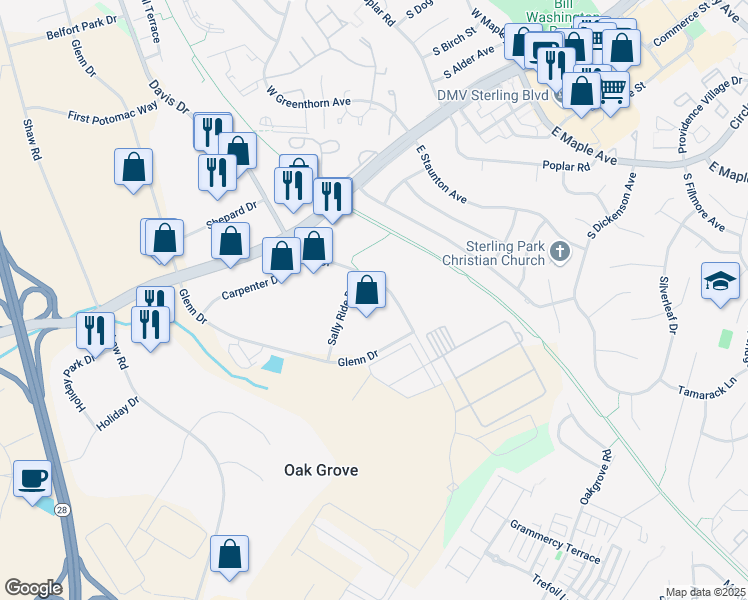 map of restaurants, bars, coffee shops, grocery stores, and more near 22635 Davis Drive in Sterling