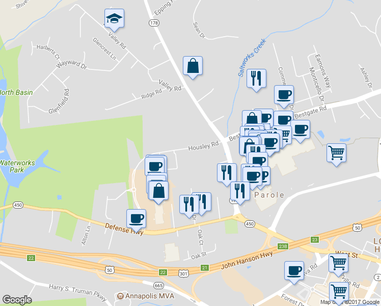 map of restaurants, bars, coffee shops, grocery stores, and more near 2565 Housley Road in Annapolis