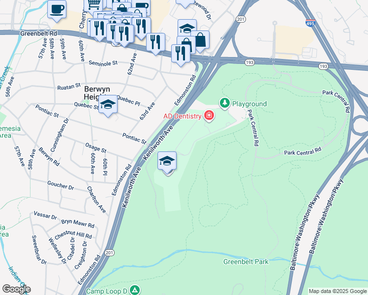 map of restaurants, bars, coffee shops, grocery stores, and more near 6008 Westchester Park Drive in College Park