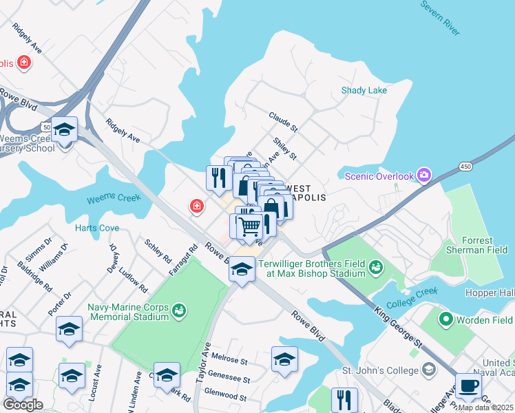 map of restaurants, bars, coffee shops, grocery stores, and more near 100 Annapolis Street in Annapolis