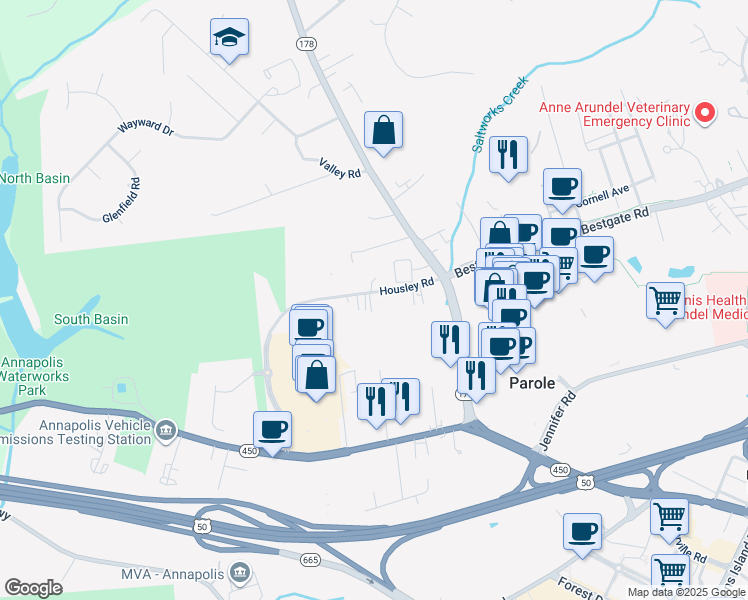 map of restaurants, bars, coffee shops, grocery stores, and more near 2565 Housley Road in Annapolis