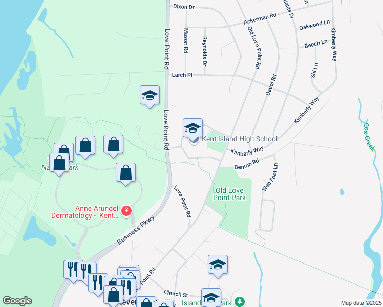 map of restaurants, bars, coffee shops, grocery stores, and more near 900 Love Point Road in Stevensville