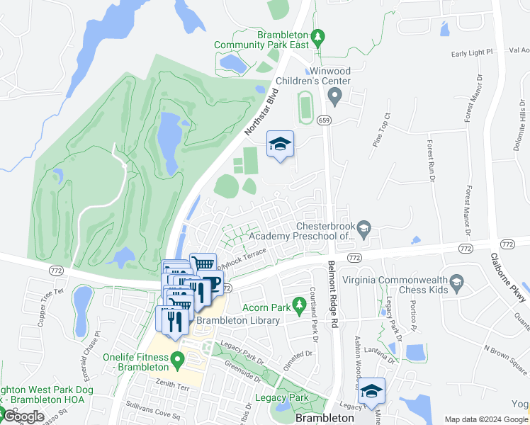 map of restaurants, bars, coffee shops, grocery stores, and more near 22660 Ferncrest Terrace in Brambleton