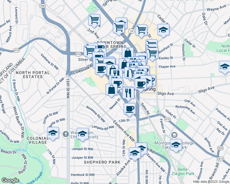 map of restaurants, bars, coffee shops, grocery stores, and more near 1200 East West Highway in Silver Spring