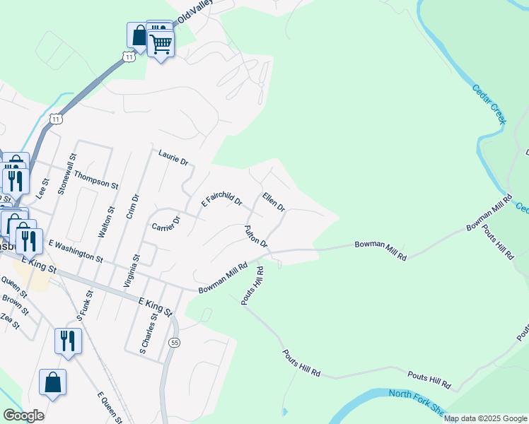 map of restaurants, bars, coffee shops, grocery stores, and more near 543 East Fairchild Drive in Strasburg