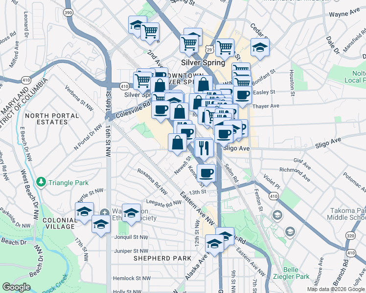 map of restaurants, bars, coffee shops, grocery stores, and more near 1200 East-West Highway in Silver Spring