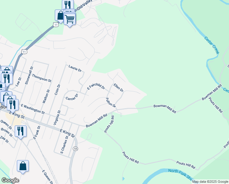map of restaurants, bars, coffee shops, grocery stores, and more near 543 East Fairchild Drive in Strasburg