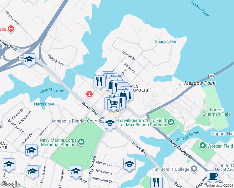 map of restaurants, bars, coffee shops, grocery stores, and more near 100 Annapolis Street in Annapolis