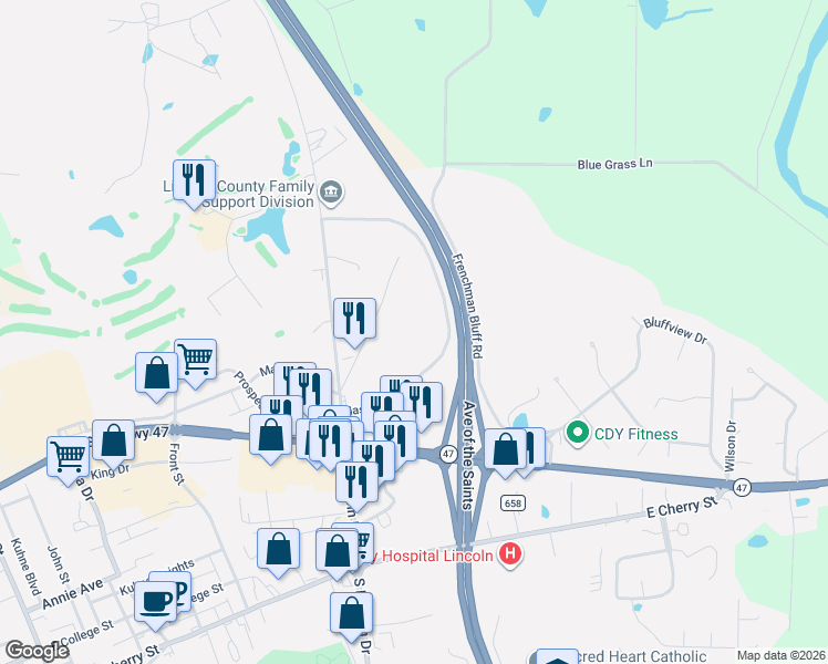 map of restaurants, bars, coffee shops, grocery stores, and more near 202-298 Frenchman Bluff Lane in Troy