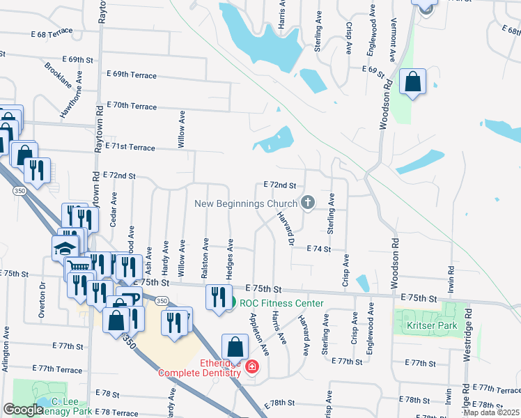 map of restaurants, bars, coffee shops, grocery stores, and more near 7204 Harvard Drive in Raytown