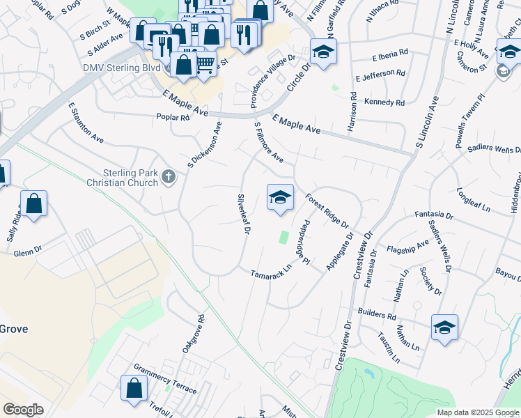 map of restaurants, bars, coffee shops, grocery stores, and more near 107 Yew Court in Sterling