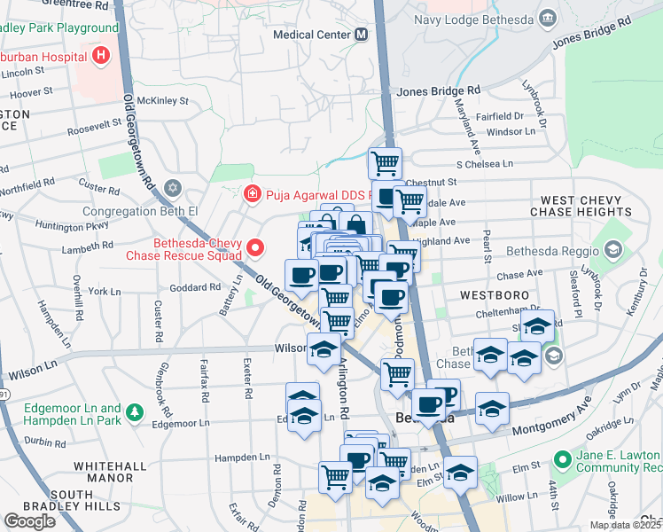 map of restaurants, bars, coffee shops, grocery stores, and more near 4820 Auburn Avenue in Bethesda