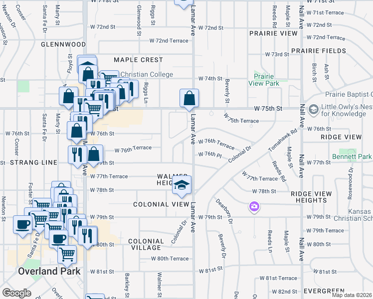 map of restaurants, bars, coffee shops, grocery stores, and more near 7601 Russell Road in Overland Park