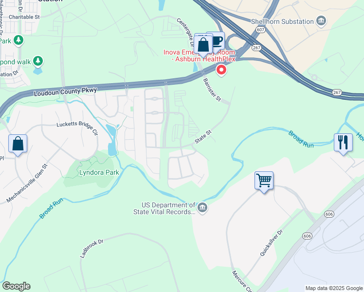 map of restaurants, bars, coffee shops, grocery stores, and more near 22538 Hickory Hill Square in Ashburn