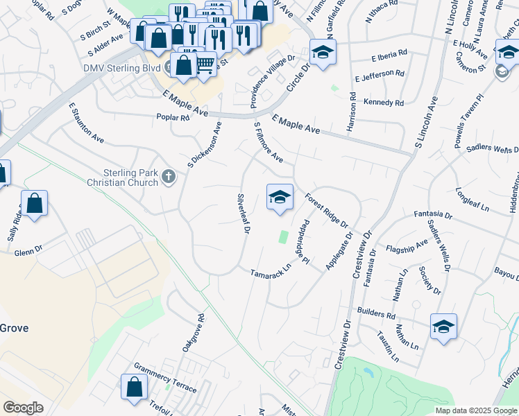 map of restaurants, bars, coffee shops, grocery stores, and more near 107 Yew Court in Sterling