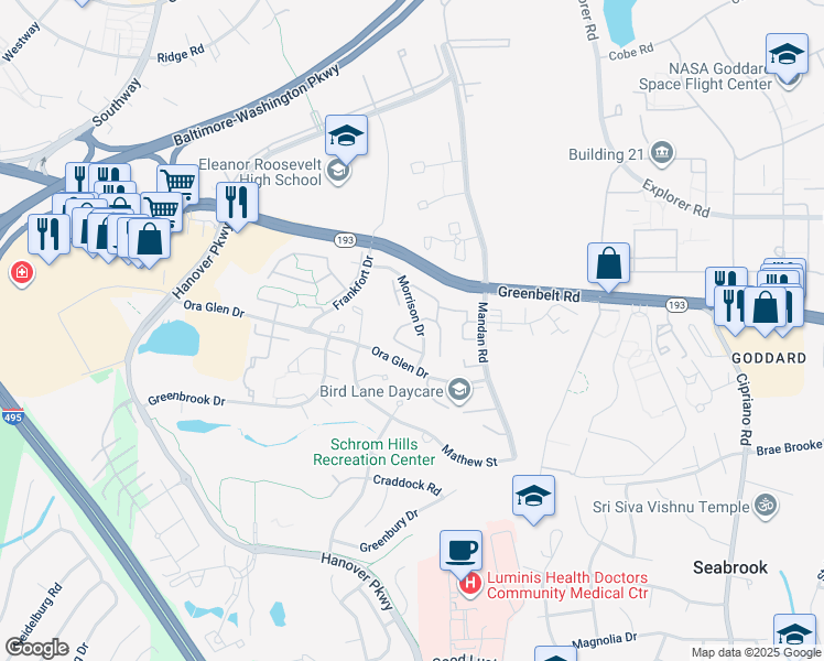 map of restaurants, bars, coffee shops, grocery stores, and more near 7302 Morrison Drive in Greenbelt