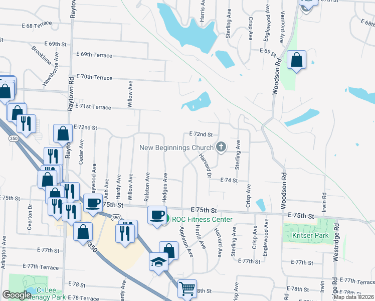 map of restaurants, bars, coffee shops, grocery stores, and more near 7204 Harvard Drive in Raytown