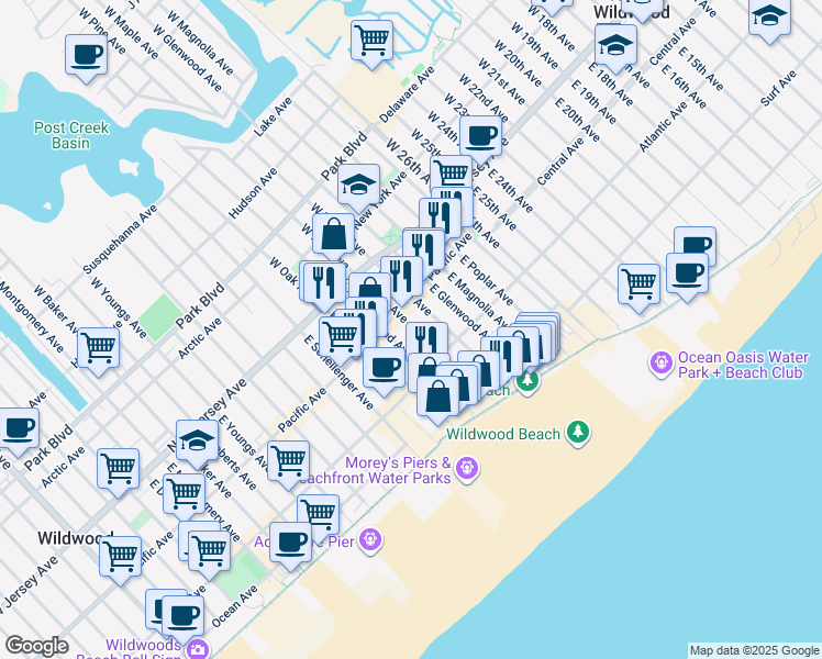 map of restaurants, bars, coffee shops, grocery stores, and more near 225 East Wildwood Avenue in Wildwood