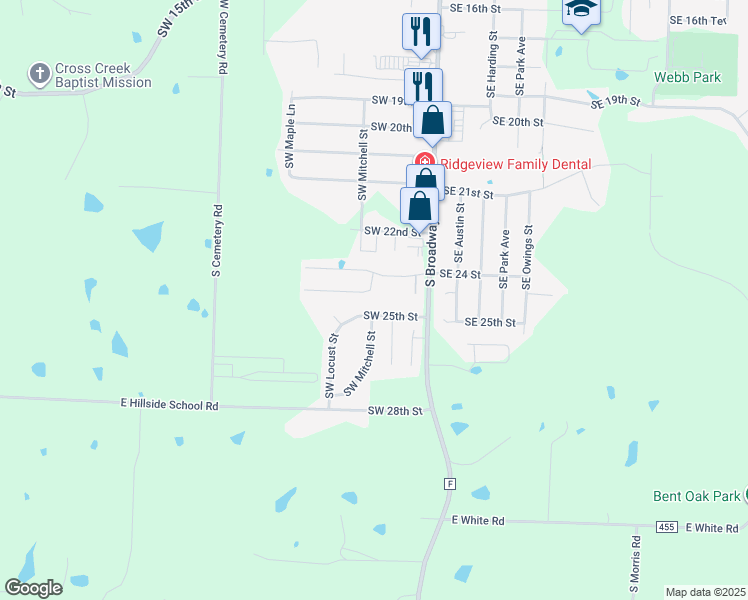 map of restaurants, bars, coffee shops, grocery stores, and more near 302 Southwest 24th Terrace in Oak Grove