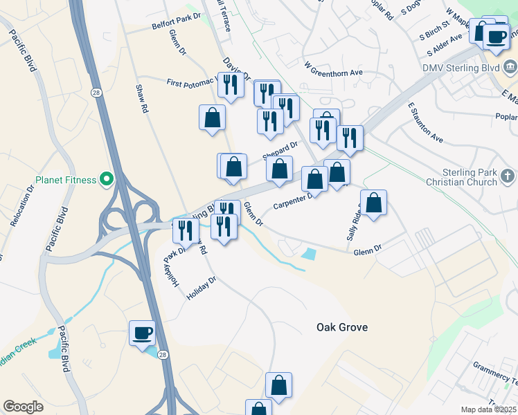 map of restaurants, bars, coffee shops, grocery stores, and more near 22648 Glenn Drive in Sterling