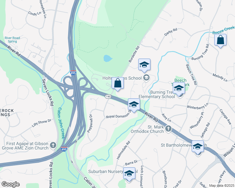 map of restaurants, bars, coffee shops, grocery stores, and more near 7405 River Road in Bethesda