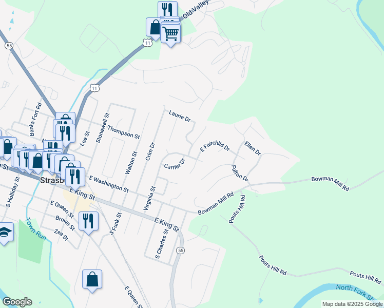 map of restaurants, bars, coffee shops, grocery stores, and more near 533 Virginia Street in Strasburg