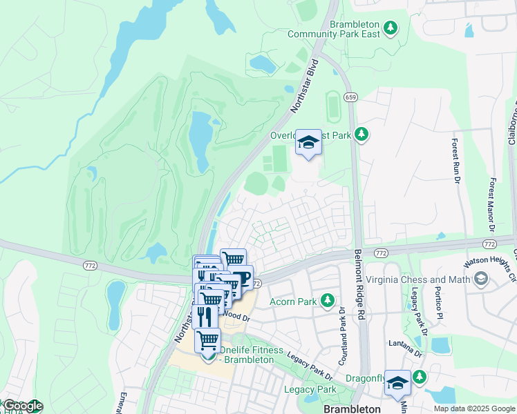 map of restaurants, bars, coffee shops, grocery stores, and more near 22664 Blue Elder Terrace in Ashburn