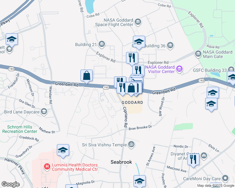 map of restaurants, bars, coffee shops, grocery stores, and more near Cipriano Road in Greenbelt