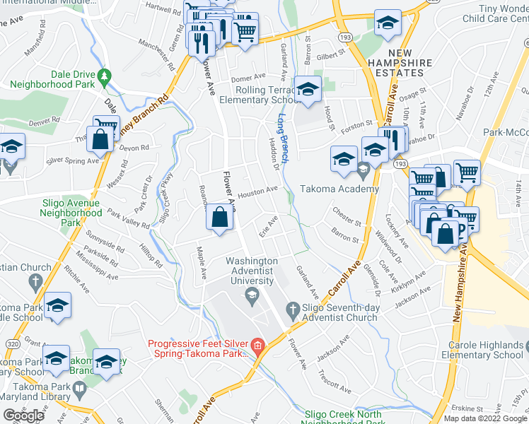 map of restaurants, bars, coffee shops, grocery stores, and more near Greenwood Ave & Kennebec Ave in Silver Spring