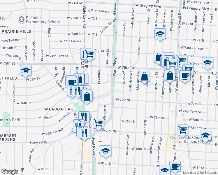 map of restaurants, bars, coffee shops, grocery stores, and more near 1214 West 76 Street in Kansas City