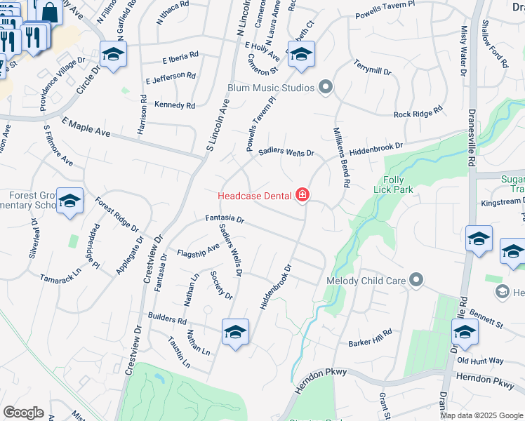 map of restaurants, bars, coffee shops, grocery stores, and more near 12719 Longleaf Lane in Herndon