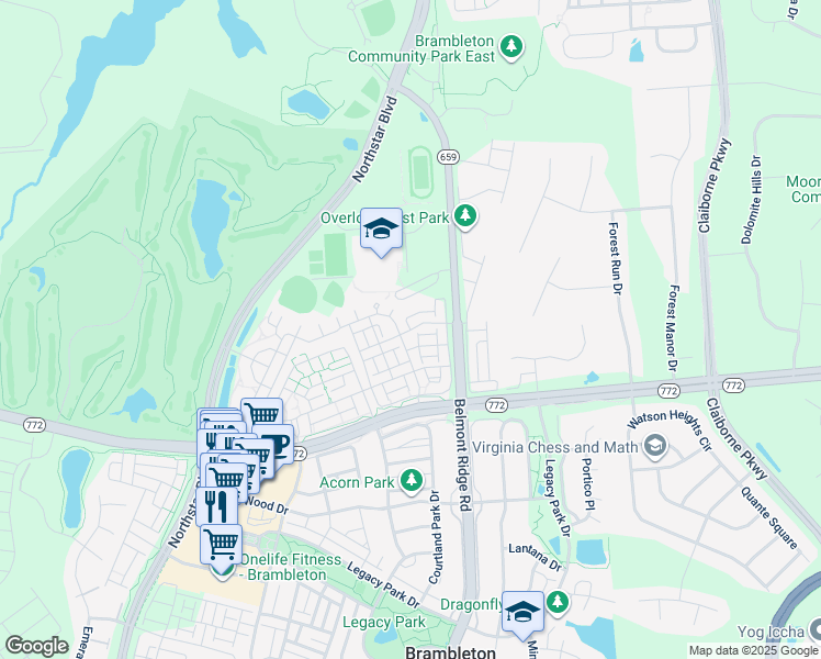 map of restaurants, bars, coffee shops, grocery stores, and more near Highgate Terrace in Brambleton