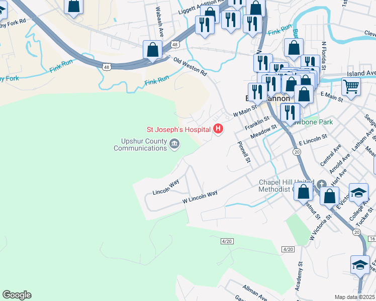 map of restaurants, bars, coffee shops, grocery stores, and more near 162 Amalia Drive in Buckhannon