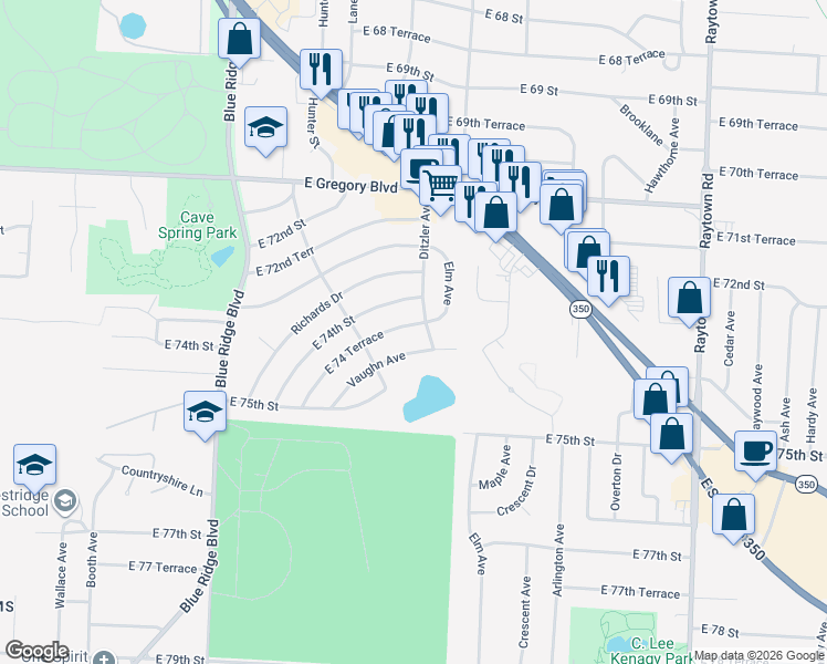 map of restaurants, bars, coffee shops, grocery stores, and more near 9202 East 74 Terrace in Raytown