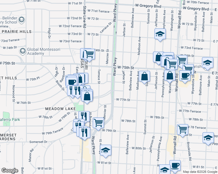 map of restaurants, bars, coffee shops, grocery stores, and more near 1214 West 76 Street in Kansas City